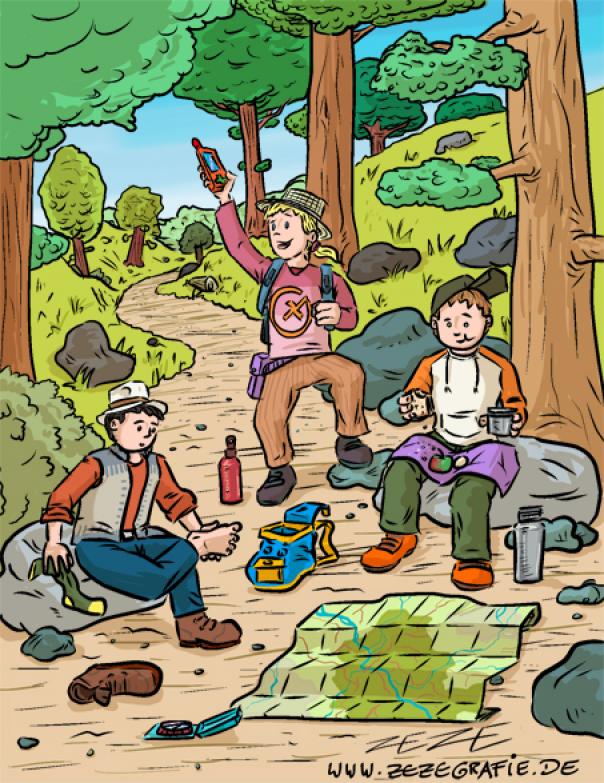 Illustration Suchbild Geocaching GPS Rast Pause Wald Orientierung Kinder