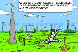 Cartoon Bio Oekostrom Windrad Pinkeln Elektrozaun Stromschlag