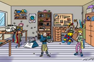 illustration suchbild schneiderei werkstatt recycling